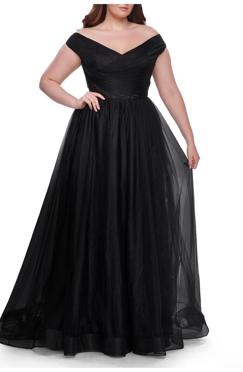 La Femme A-Line Tulle Off the Shoulder Plus Size Dress with Slit, Main, color, Black