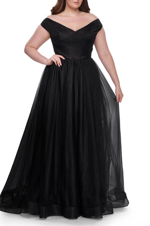 A-Line Tulle Off the Shoulder Plus Size Dress with Slit