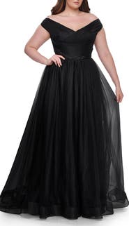 La Femme A-Line Tulle Off the Shoulder Plus Size Dress with Slit