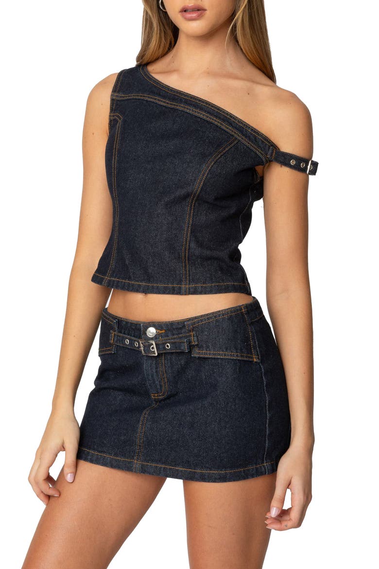 Keira Denim One-Shoulder Top, Alternate, color, DARK-BLUE