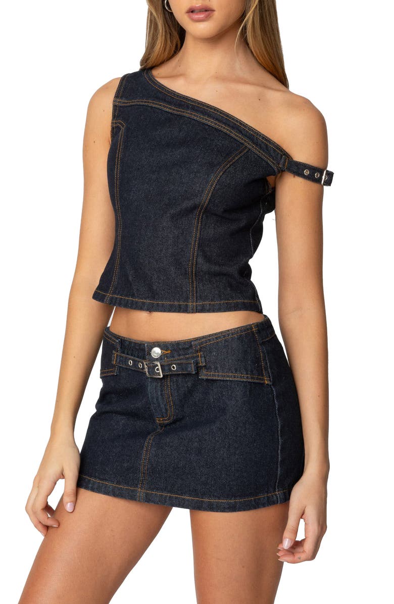 EDIKTED Keira Denim One-Shoulder Top, Alternate, color, Dark-Blue