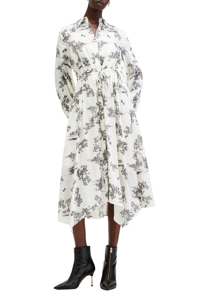 Skye Floral Long Sleeve Linen & Silk Midi Shirtdress, Main, color, MARIA OFF WHITE