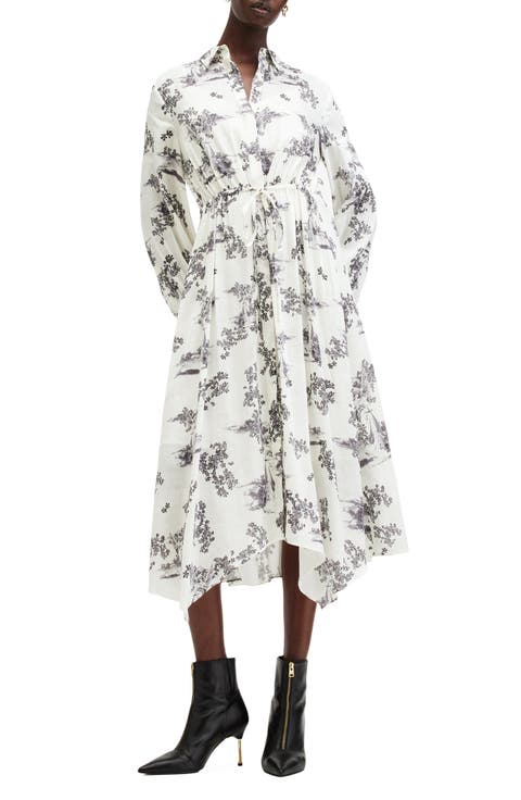 Skye Floral Long Sleeve Linen & Silk Midi Shirtdress