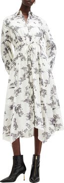 AllSaints Skye Floral Long Sleeve Linen & Silk Midi Shirtdress