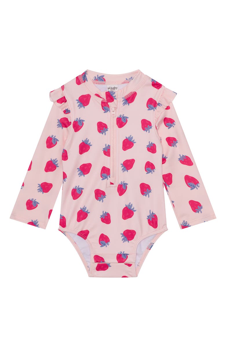 PL Baby by Petit Lem One-Piece Rashguard Swimsuit & Hat Set, Alternate, color, Strawberry