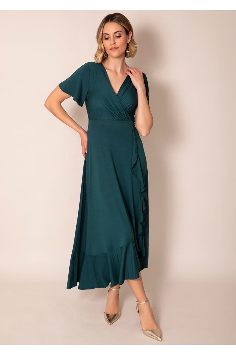 Waterfall Wrap Midi Dress Cascade Ruffle, Alternate, color, Pine Green