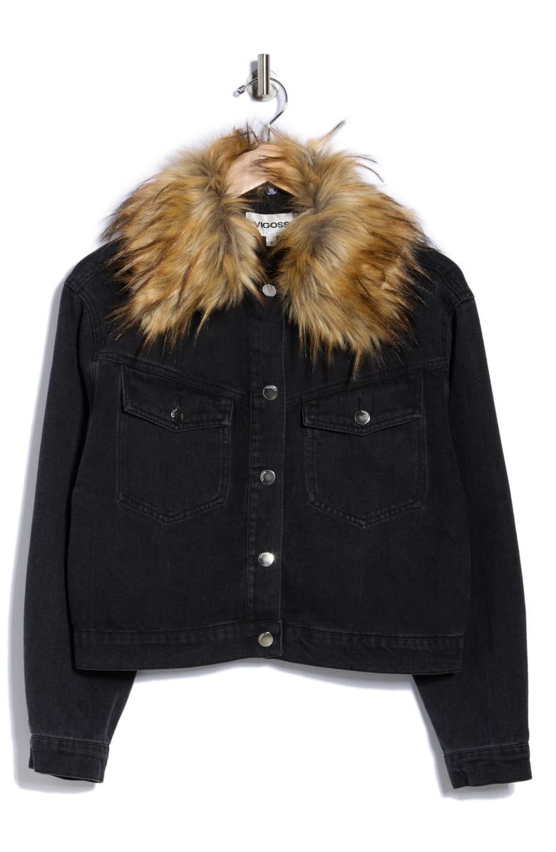 Vigoss Faux Fur Collar Crop Denim Jacket, Alternate, color, Washed Black