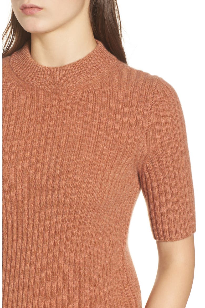 Mock Neck Cashmere Sweater Tee, Alternate, color, HEATHER RUSSET