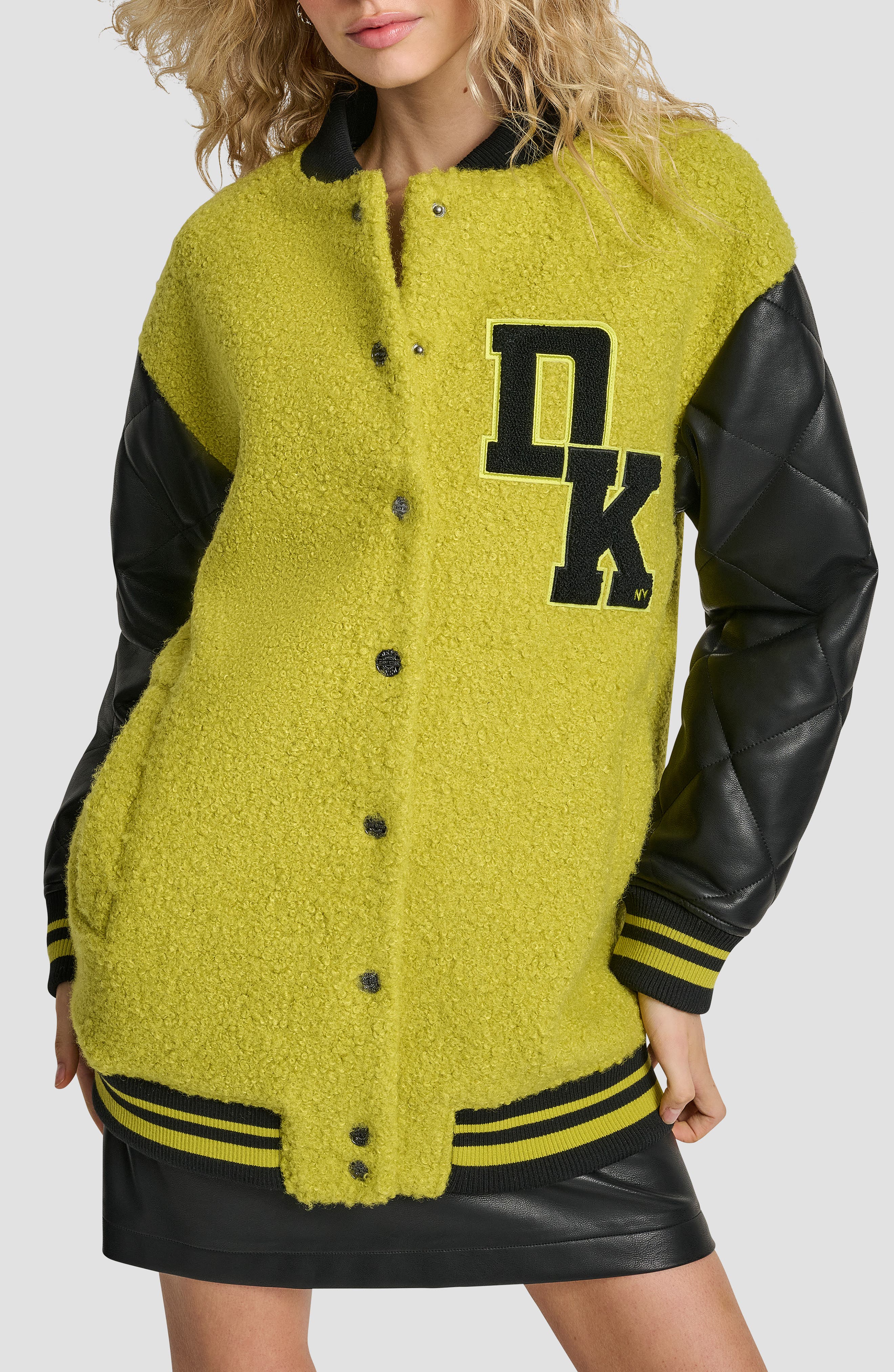 Logo Boucle & Faux Leather Varsity Jacket