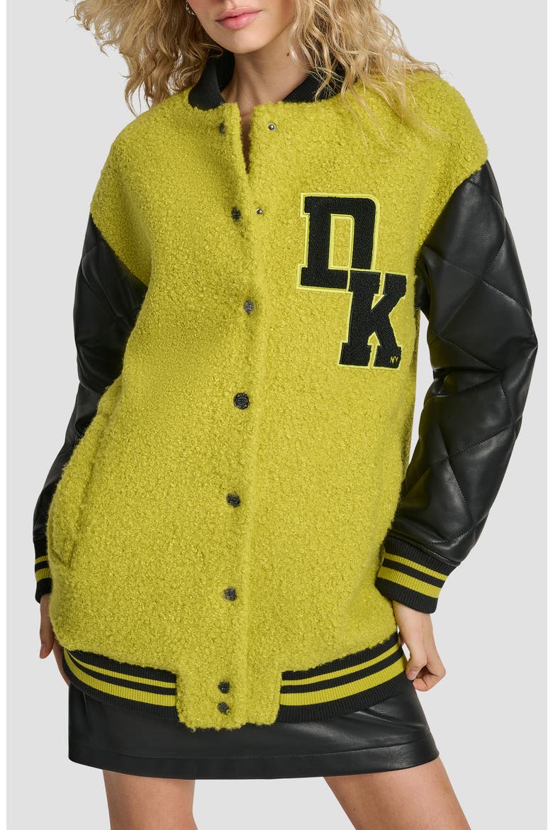 Logo Bouclé & Faux Leather Varsity Jacket, Main, color, CITRONELLA
