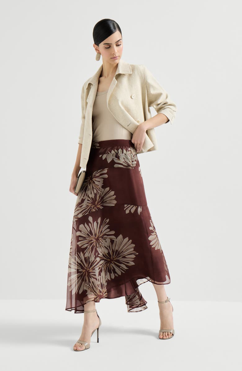Brunello Cucinelli Bloom print fluid skirt, Alternate, color, Bordeaux