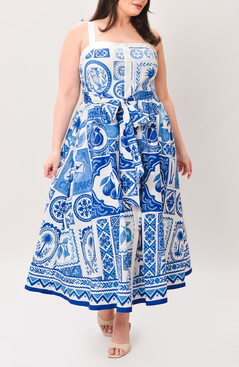 FLYING TOMATO Printed Fit & Flare Midi Dress, Alternate, color, Ivory Blue