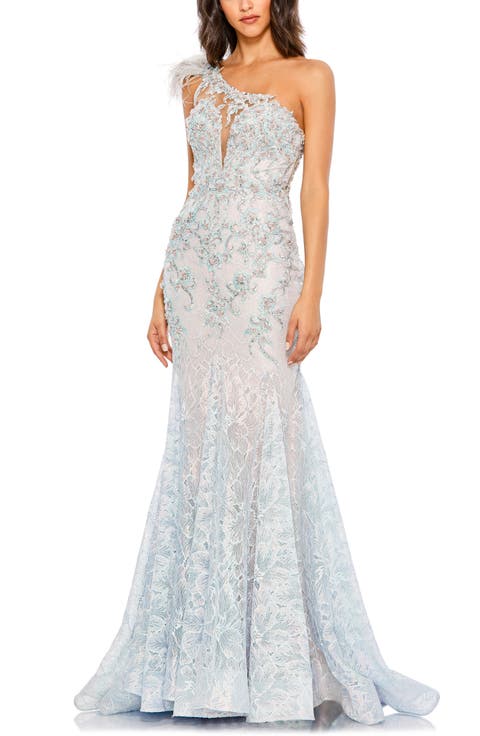 Embroidered Applique Feathered One Shoulder Gown
