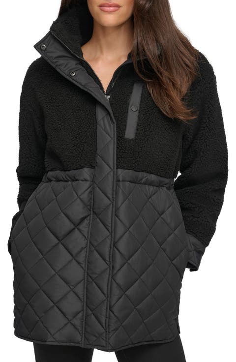 Mixed Media Faux Shearling Quilted Jacket
