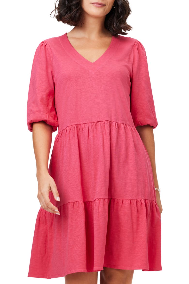 Elbow Sleeve Tiered Dress, Alternate, color, BRIGHT ROSE