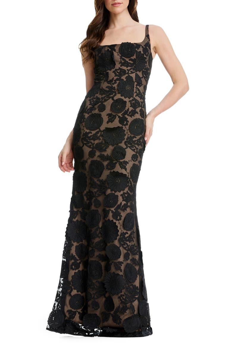 Lorena Floral Appliqué Mermaid Gown, Main, color, BLACK/ BEIGE
