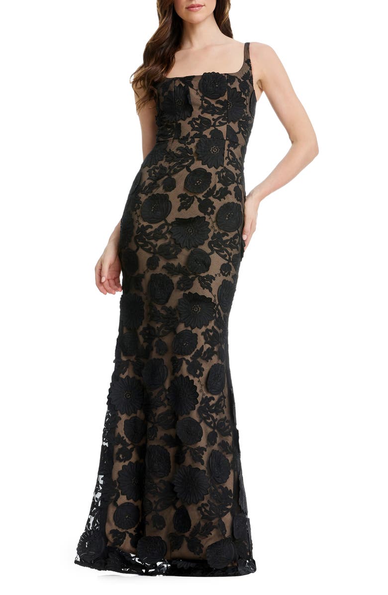 Dress the Population Lorena Floral Appliqué Mermaid Gown, Main, color, Black/ Beige
