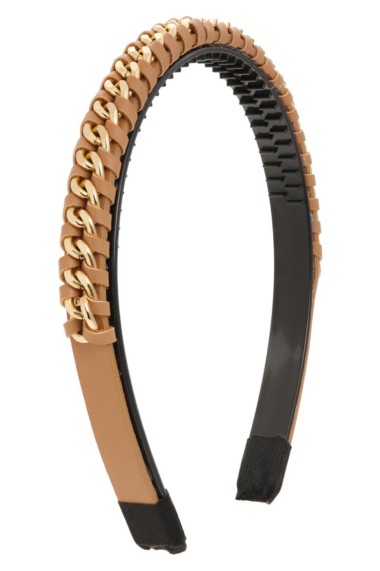 Chain Link & Braided Faux Leather Headband, Main, color, BROWN