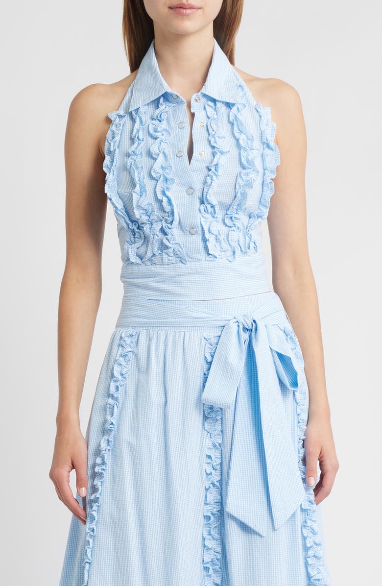 LOVE THE LABEL Turner Ruffle Detail Cotton Gingham Halter Top, Main, color, Blue/ White