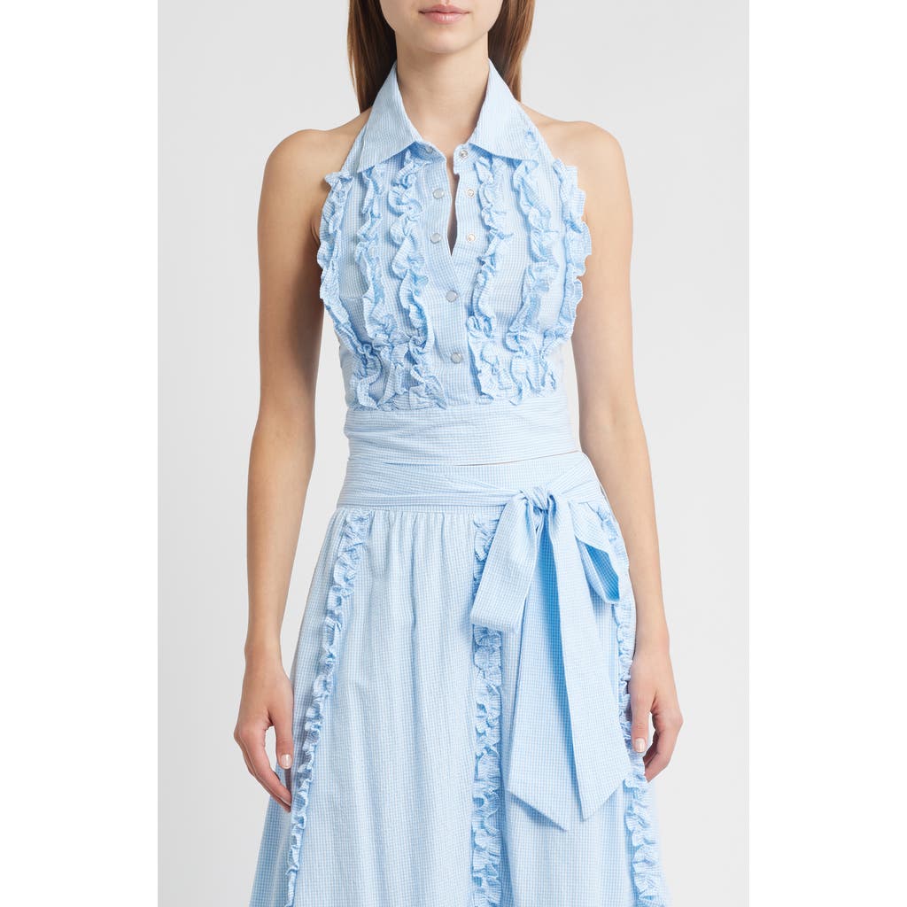 LOVE THE LABEL Turner Ruffle Detail Cotton Gingham Halter Top in Blue/White  product