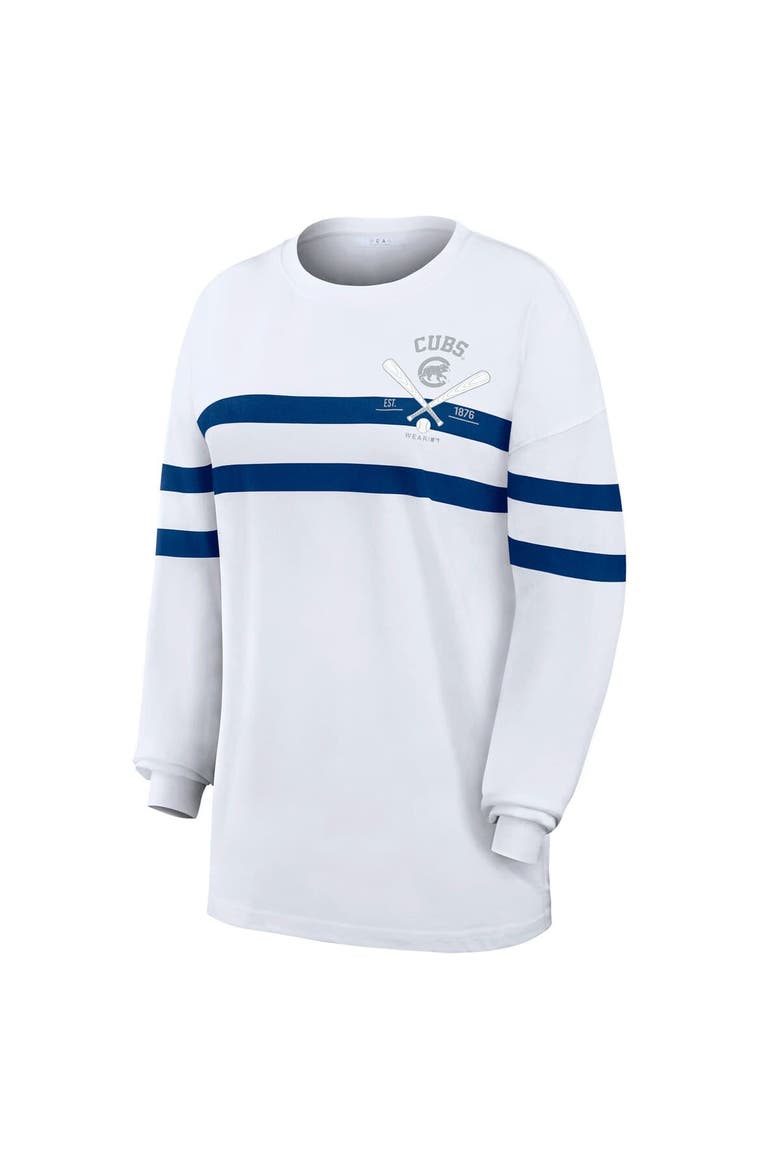 Women's WEAR by Erin Andrews  White Chicago Cubs Oversized Long Sleeve Striped T-Shirt, Alternate, color, White