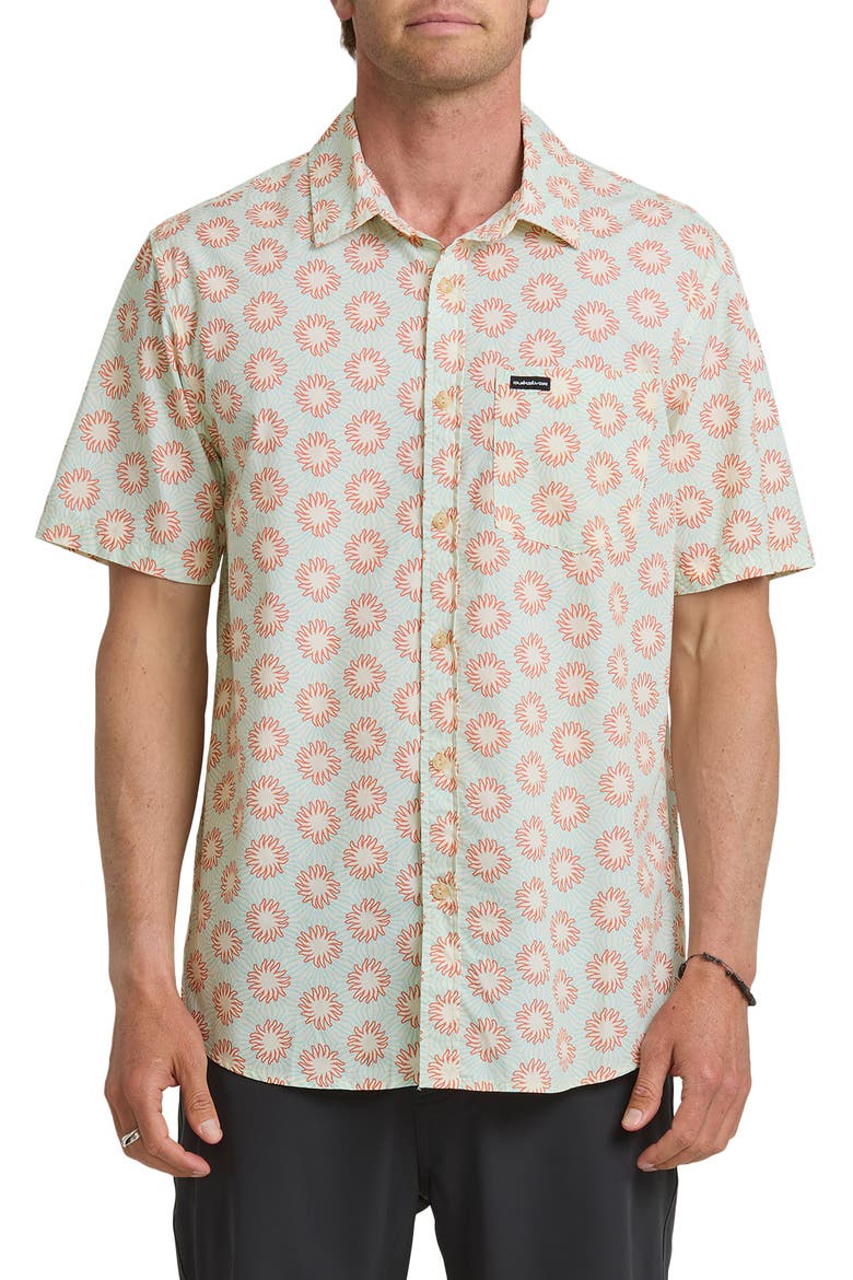 Ocean Mayhem Classic Sun Print Short Sleeve Cotton Button-Up Shirt, Main, color, BONE WHITE