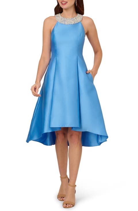 Imitation Pearl Halter Neck High-Low Mikado Dress
