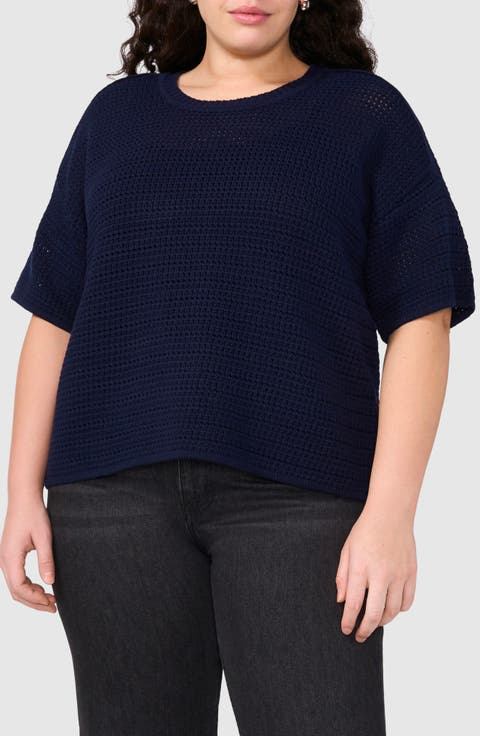 Open Stitch Cotton Crewneck Sweater (Plus)