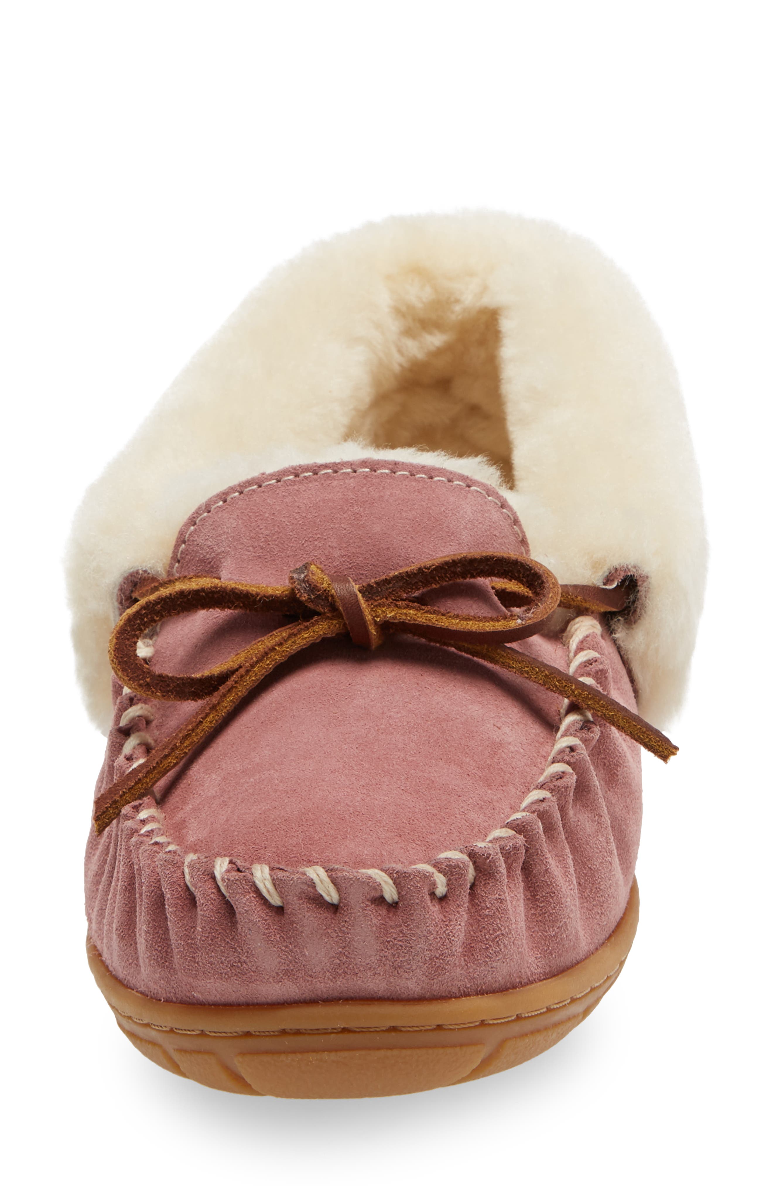 Wicked Good Genuine Shearling Moccasin Slipper, Alternate, color, ASH ROSE