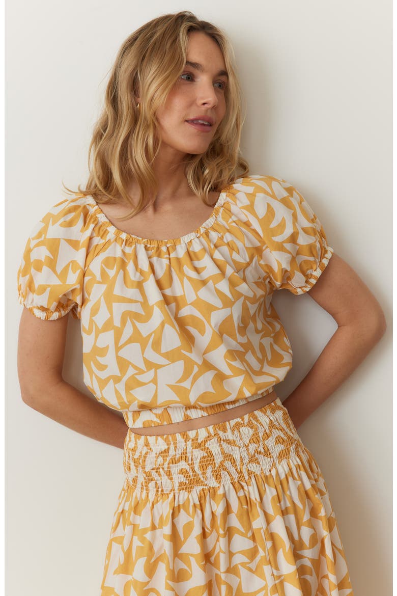Marella Abstract Print Puff Sleeve Pima Cotton Crop Top, Alternate, color, MARIGOLD GEO