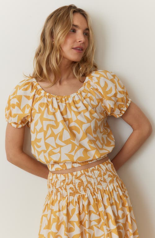 Marine Layer Marella Abstract Print Puff Sleeve Pima Cotton Crop Top In Marigold Geo