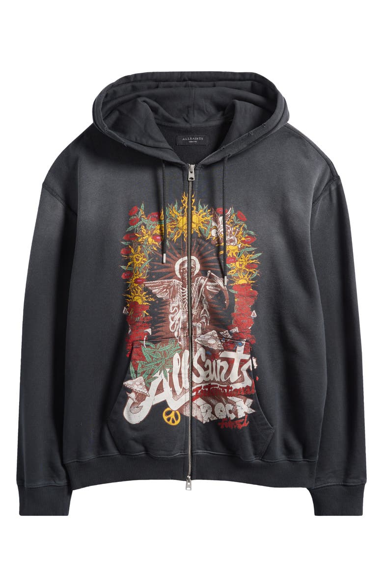 AllSaints Roque International Rock Festival Cotton Zip Hoodie, Main, color, Washed Black