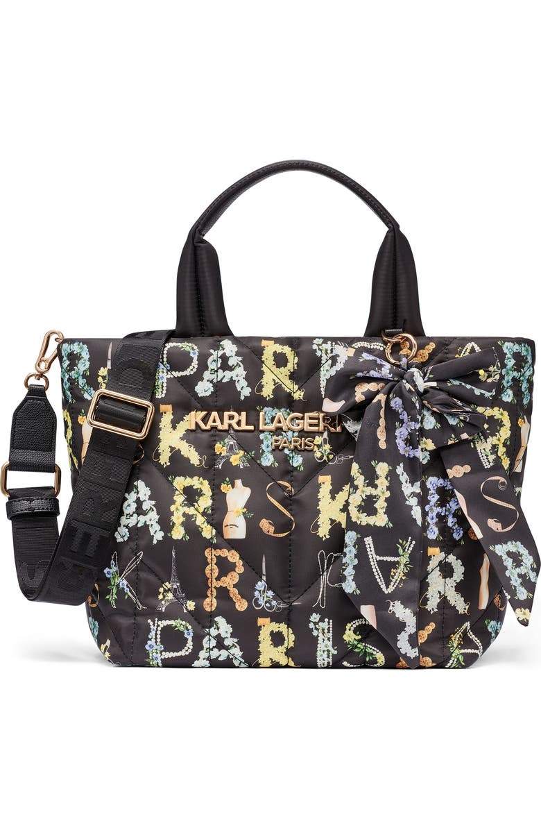 KARL LAGERFELD PARIS Voyage Nylon Tote with Bow, Main, color, Black Multi