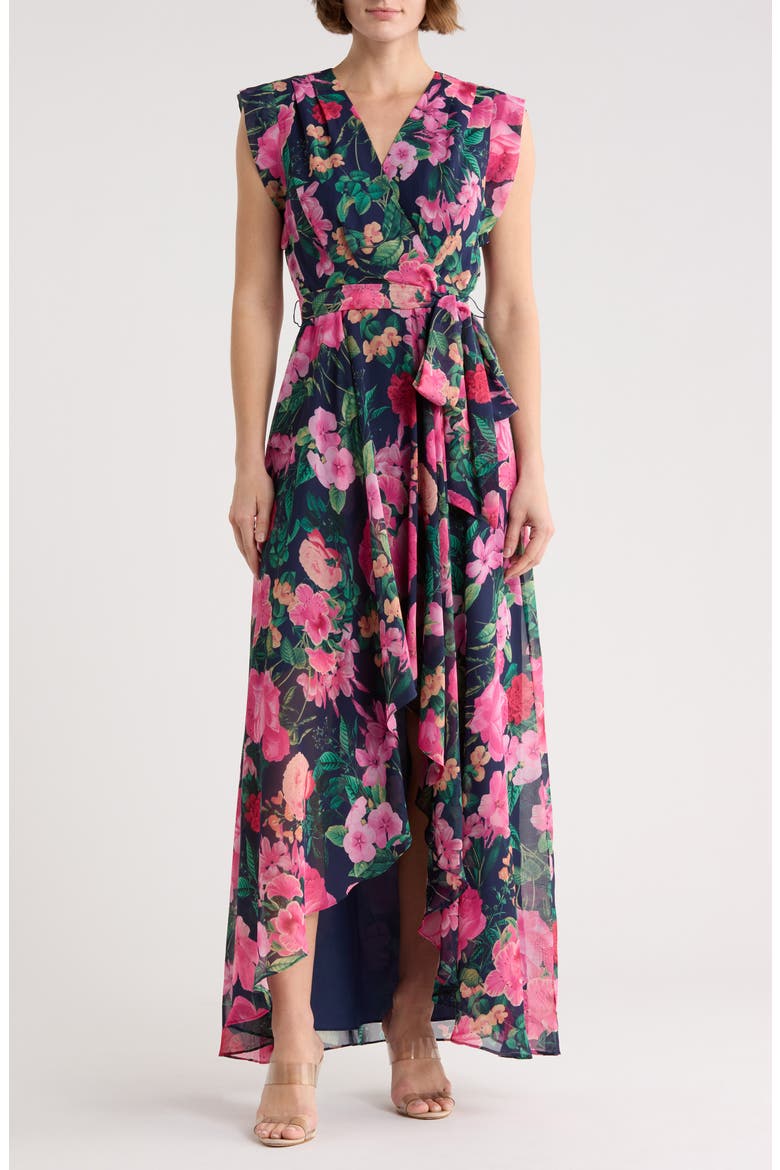 Obi Floral Cap Sleeve High-Low Maxi Dress, Main, color, NAVY MULTI