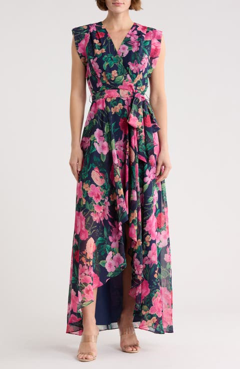 Obi Floral Cap Sleeve High-Low Maxi Dress