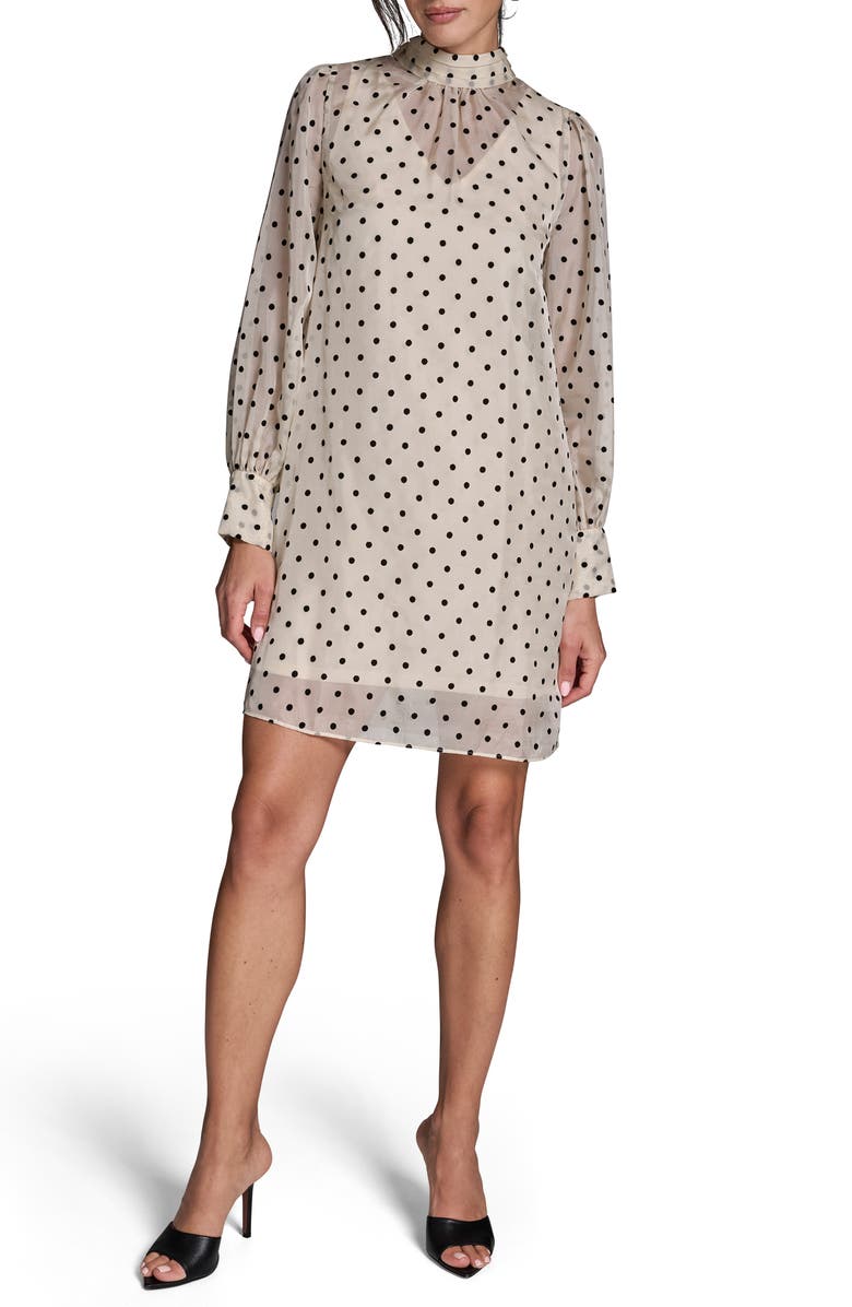 BCBG Flocked Polka Dot Long Sleeve Shift Dress, Main, color, Ivory/ Black