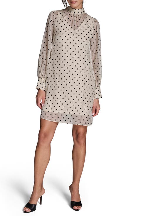 Flocked Polka Dot Long Sleeve Shift Dress
