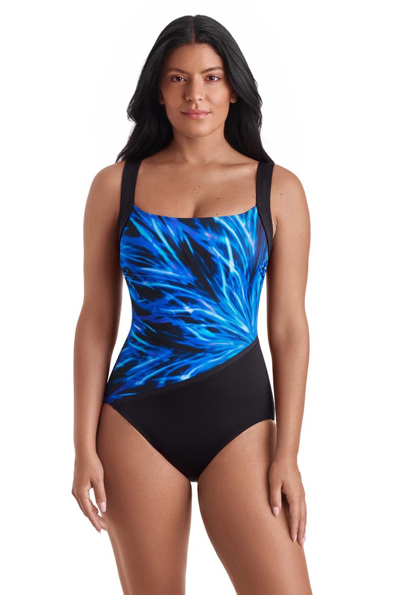 Squareneck Illusion Tank Chlorine Resistant One-Piece Swimsuit, Main, color, Blue Electrifying