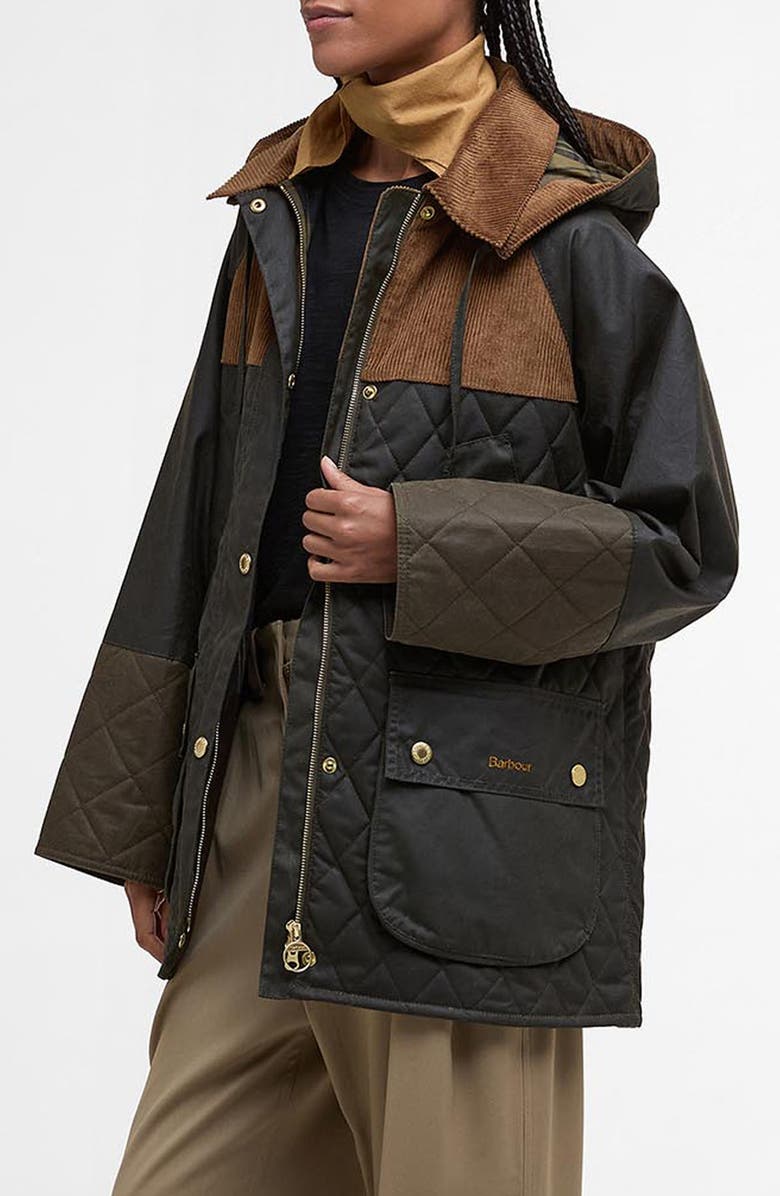 Barbour Imelda Water Repellent Mixed Media Jacket with Removable Hood, Alternate, color, Archive Olive/ Olive/ Beech