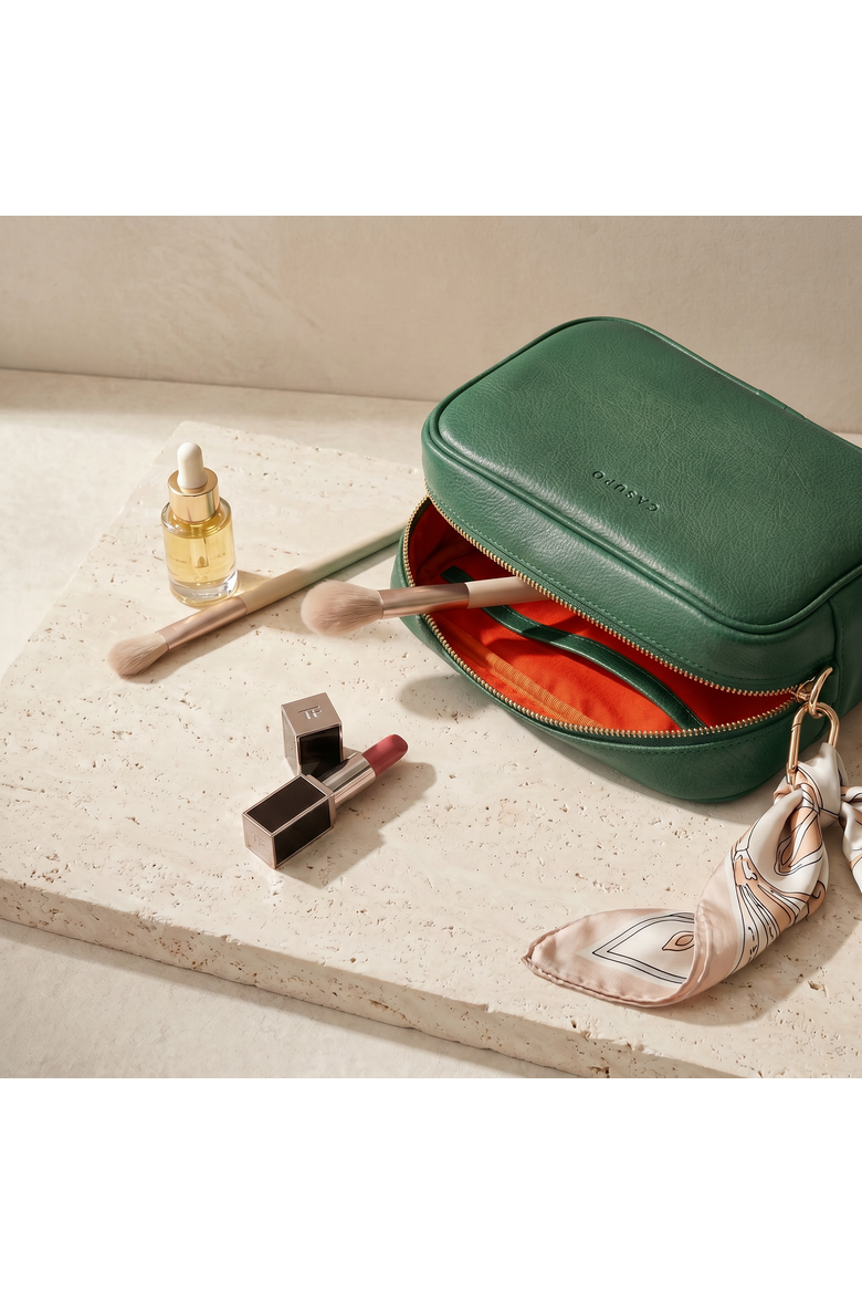 Large Leather Cosmetic Bag, Alternate, color, Green