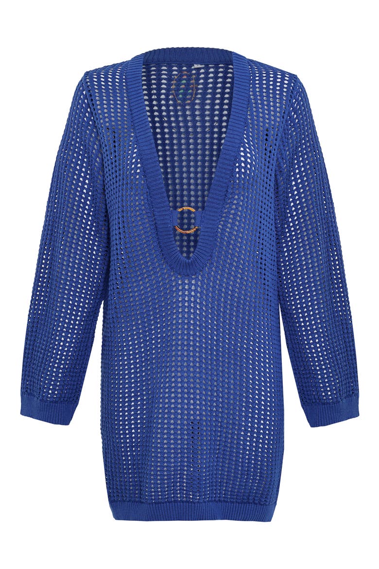 Ian Long Sleeve Sheer Cotton Open Stitch Cover-Up Minidress, Alternate, color, BRIGHT BLUE