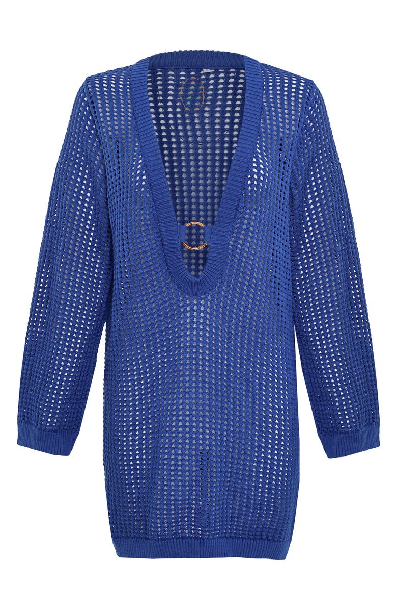 Maaji Ian Long Sleeve Sheer Cotton Open Stitch Cover-Up Minidress, Alternate, color, Bright Blue