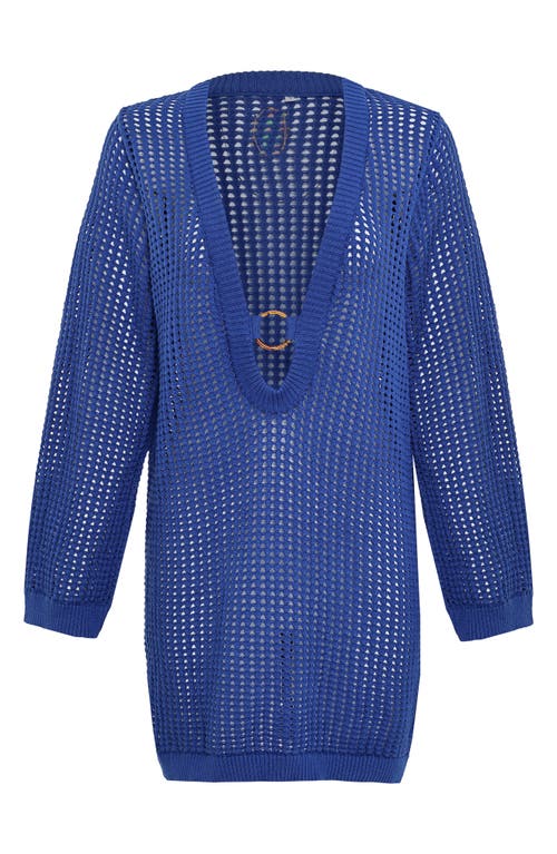 Maaji Ian Long Sleeve Sheer Cotton Open Stitch Cover-up Minidress In Blue