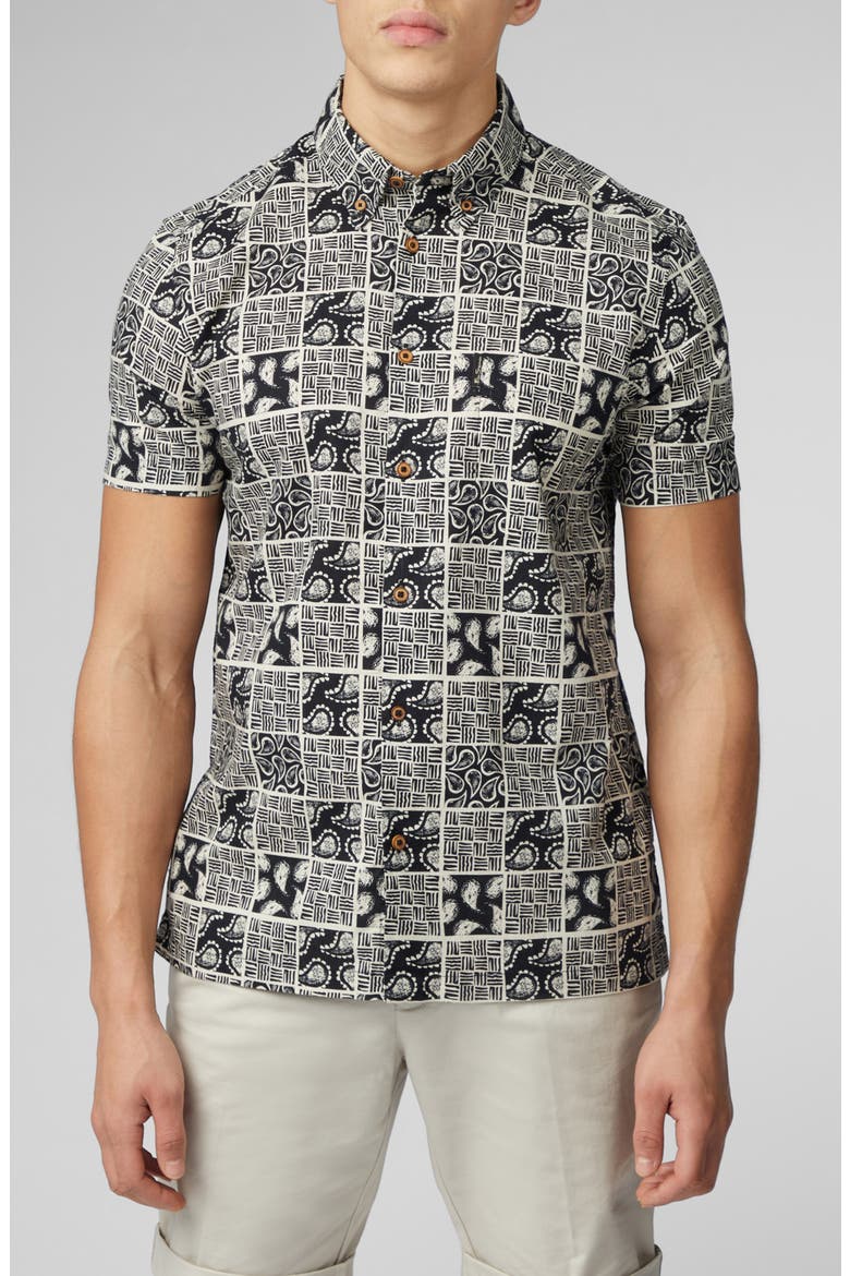 Checkerboard Paisley Print Short Sleeve Button-Down Shirt, Main, color, BLACK