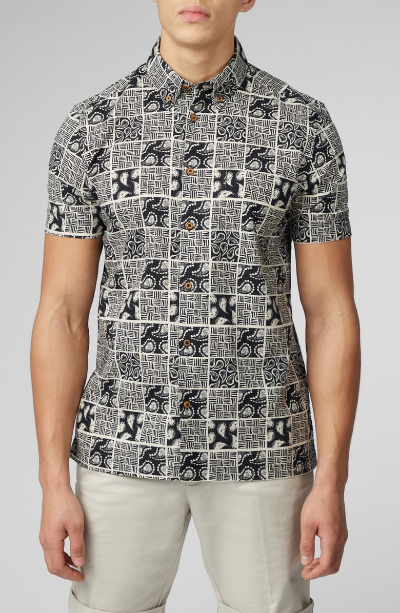 Ben Sherman Checkerboard Paisley Print Short Sleeve Button-Down Shirt, Main, color,