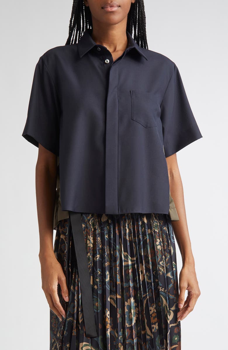 Sacai Suiting Fabric Mix Button-Up Camp Shirt, Main, color, Navy/ Dark Khaki