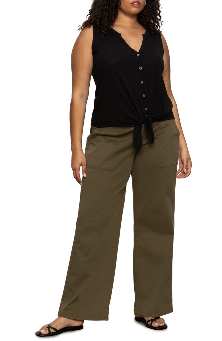 Sanctuary Tie Front Slub Jersey Button-Up Tank, Alternate, color, Black