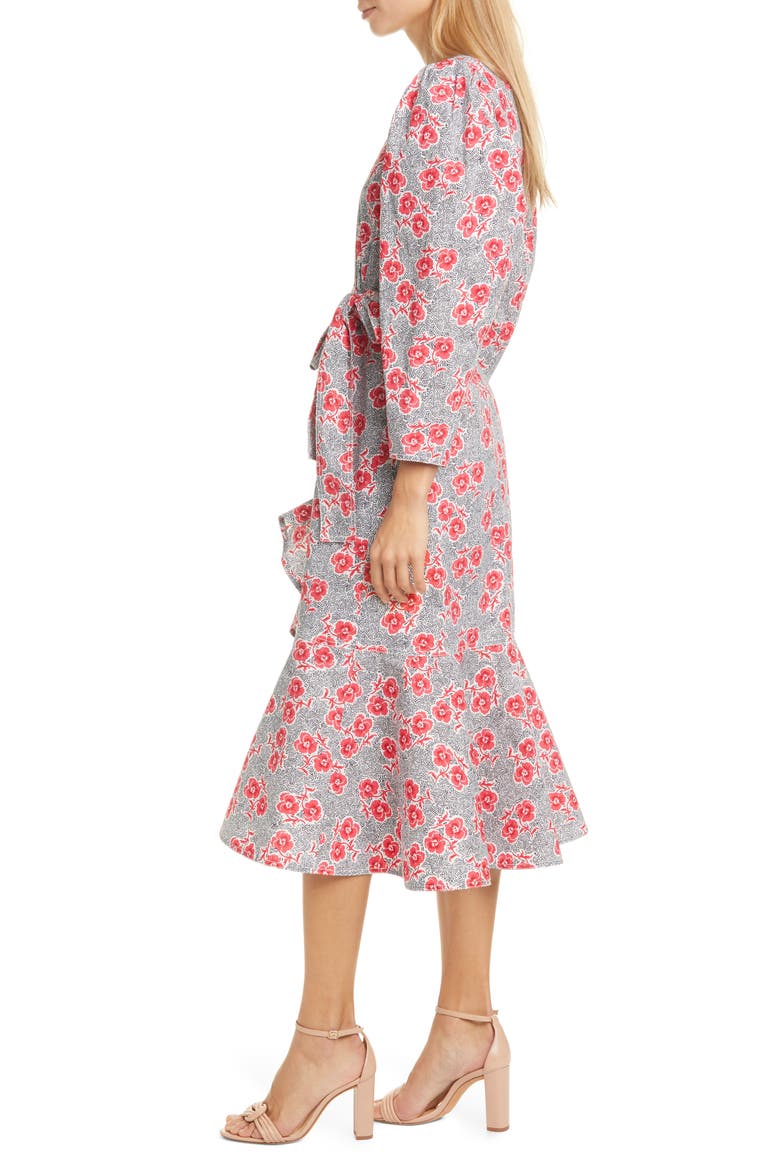 Coral Fleur Long Sleeve Cotton Midi Dress, Alternate, color, SNOW COMBO