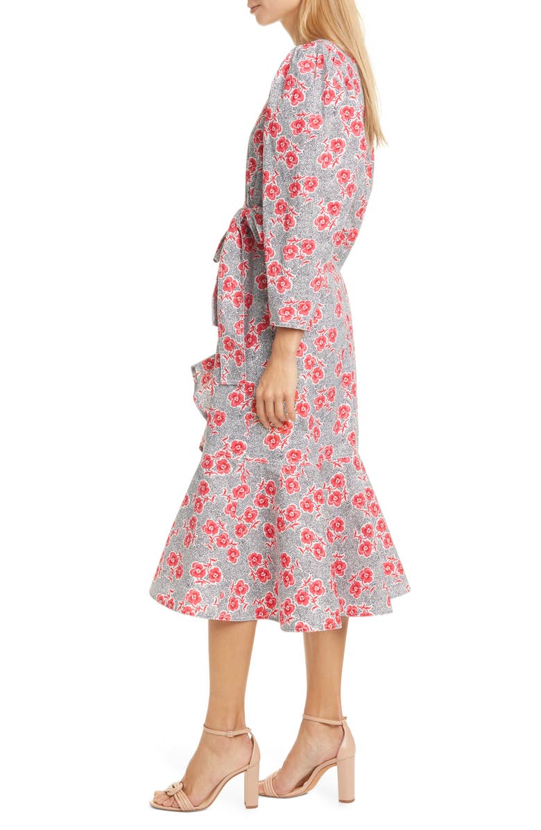 Rebecca Taylor Coral Fleur Long Sleeve Cotton Midi Dress, Alternate, color,