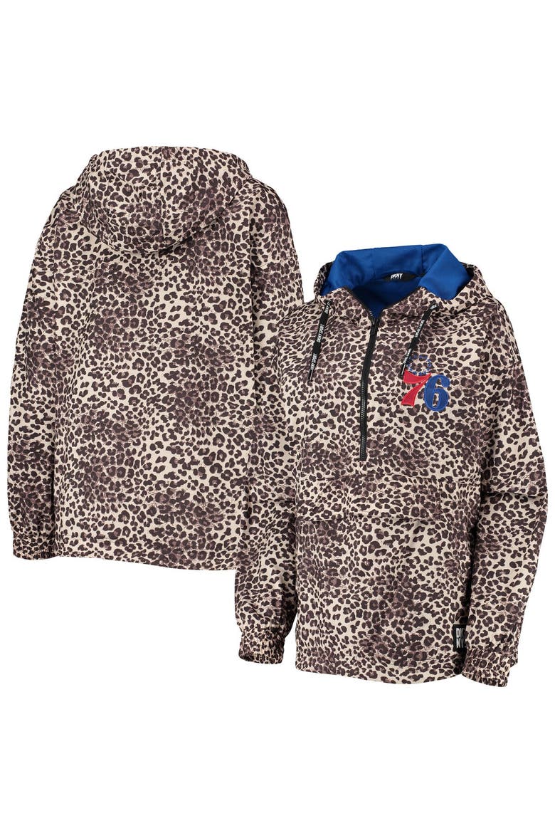 Women's DKNY Sport Leopard Philadelphia 76ers Gabriella Windbreaker Half-Zip Hoodie, Main, color, Leopard